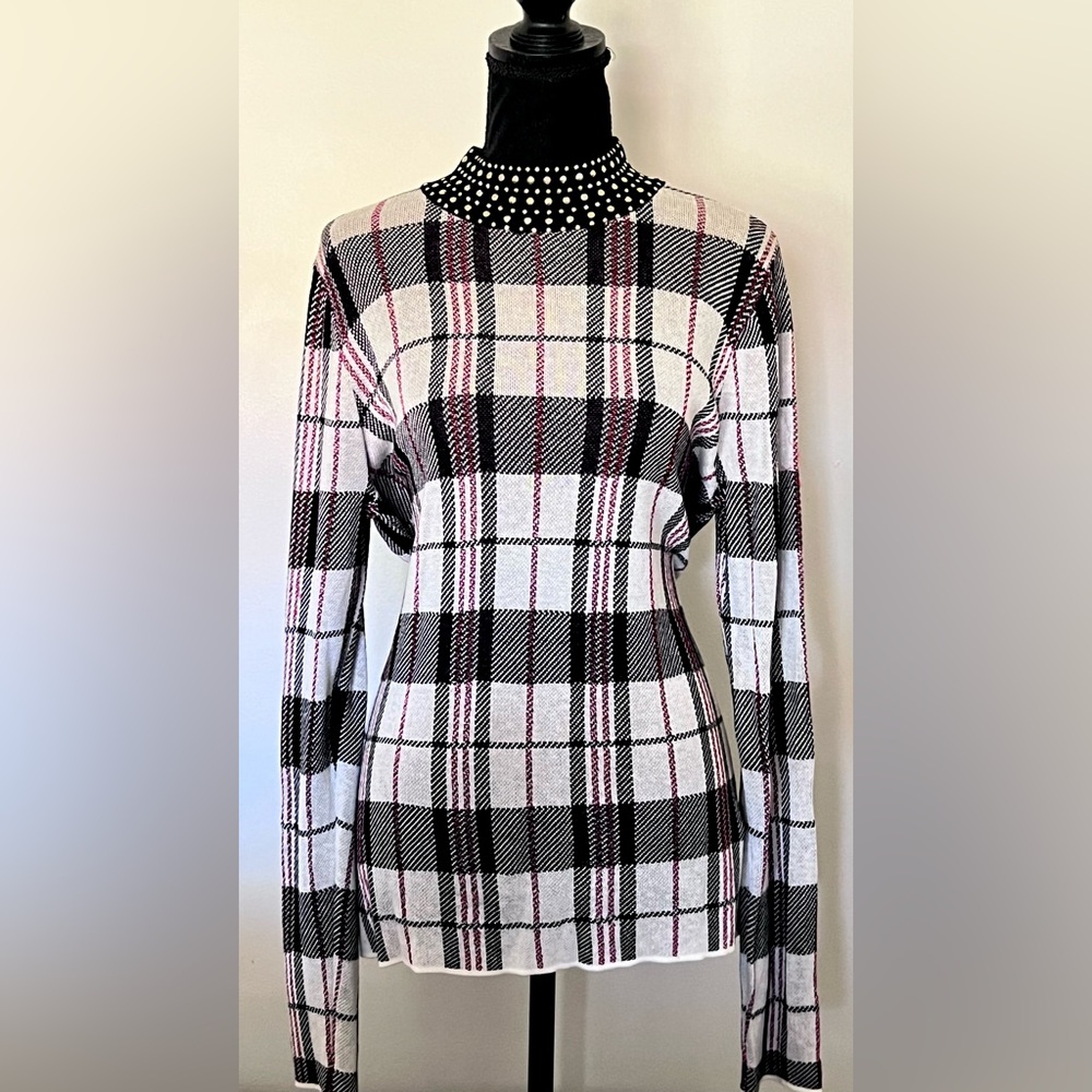 Women’s XL Belldini Black, White & Red Plaid Knit with Studded Collar NWT